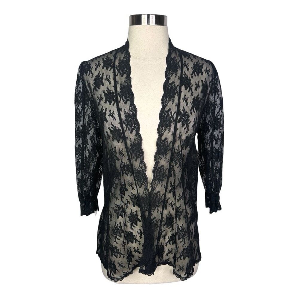 Vintage Fanny Bodywear Lingerie Black Floral Lace Wrap / Cardigan - Size Small